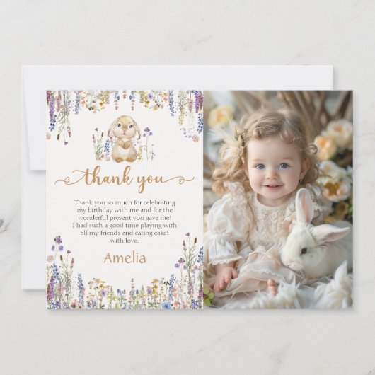 Wildflower Bunny Girl Verjaardagsfoto Bedankkaart (Voorkant)