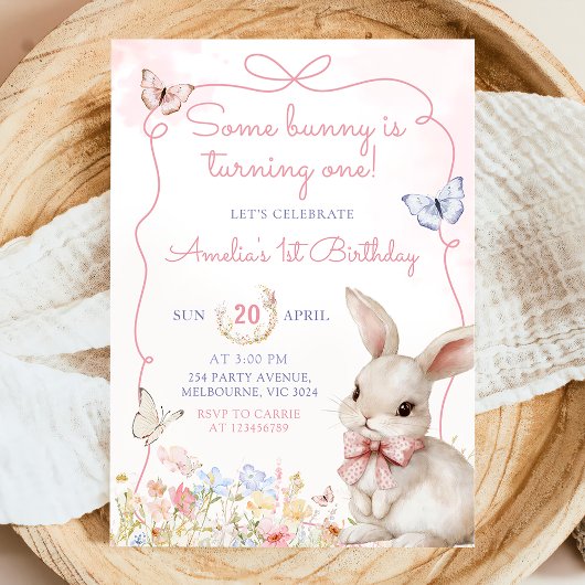 Wildflower Bunny Pink Girl Verjaardag Uitnodiging