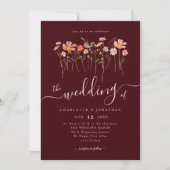 Wildflower Burgundy Blush Pink Wedding QR code Kaart (Voorkant)