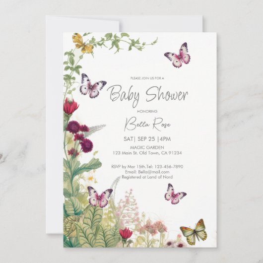 Wildflower Butterflies Baby shower Invitation Kaart (Voorkant)