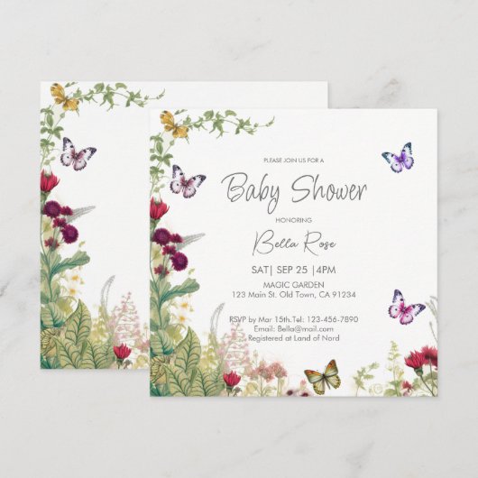Wildflower Butterflies Baby shower Invitation Kaart (Voorkant / Achterkant)