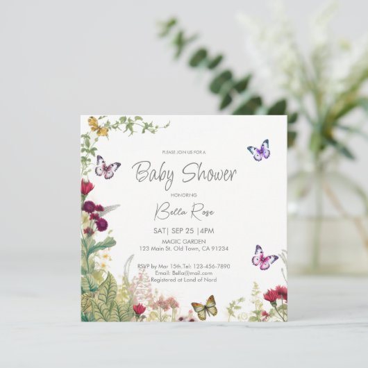 Wildflower Butterflies Baby shower Invitation Kaart (Staand voorkant)