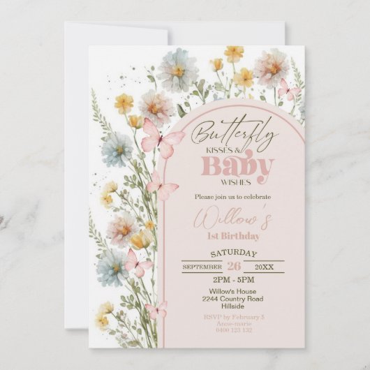 Wildflower Butterfly Baby shower Invitation Kaart (Voorkant)