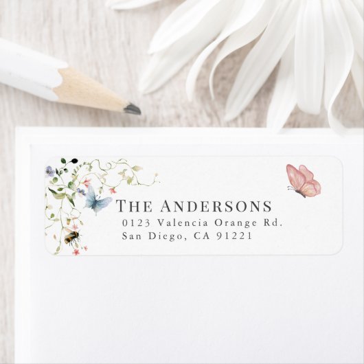 Wildflower Butterfly Bee Waterverf Retouradres Etiket (Insitu)