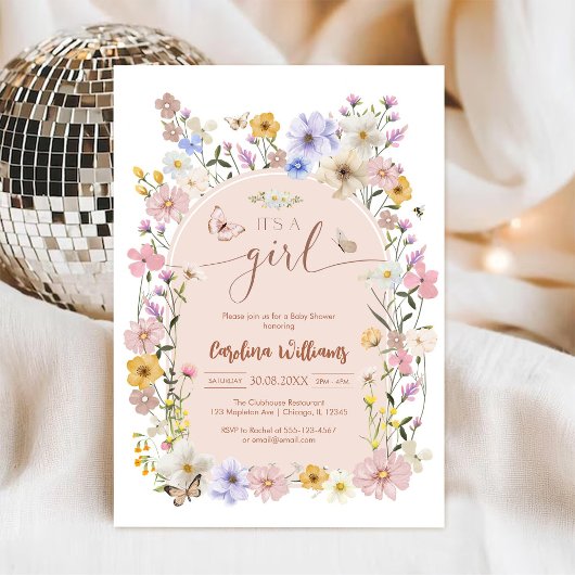 Wildflower Butterfly Girl Baby Shower Invitation Kaart