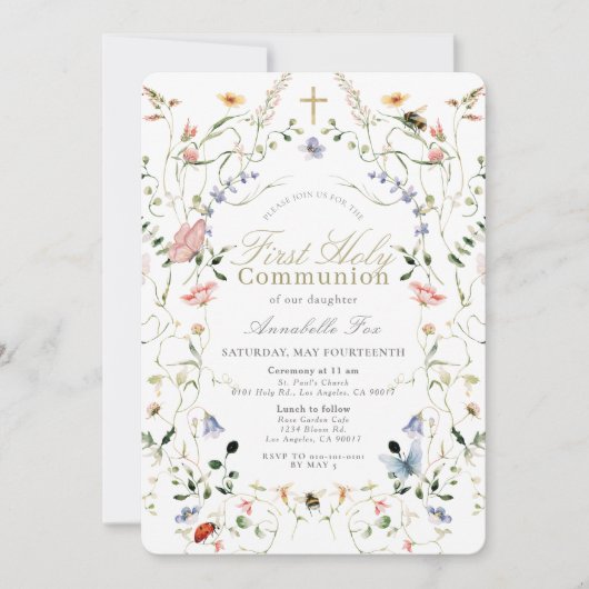 Wildflower & Butterfly Girl Eerste Heilige Communi Kaart (Voorkant)