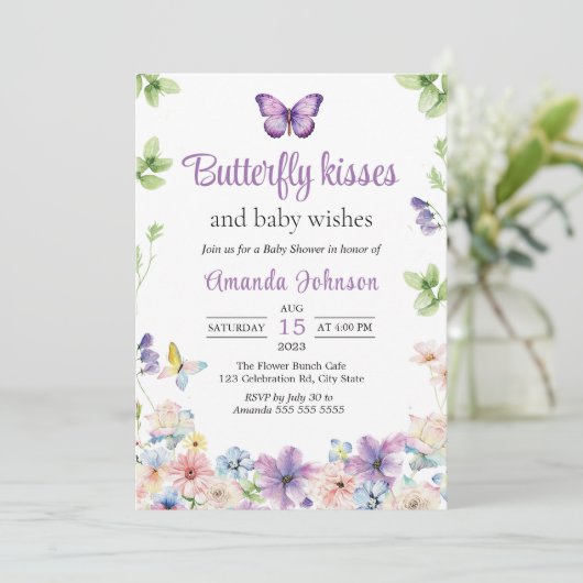 Wildflower Butterfly Meisje Baby shower Uitnodigin Kaart (Staand voorkant)