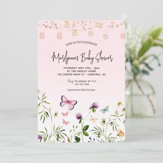 Wildflower Butterfly Roze Script Baby shower Kaart (Staand voorkant)