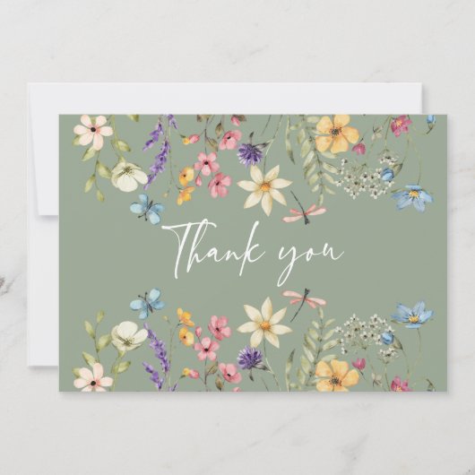 Wildflower & Butterfly Sage Green Vrijgezellenfees Bedankkaart (Voorkant)
