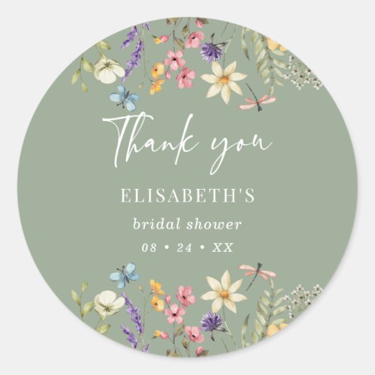 Wildflower & Butterfly Sage Green Vrijgezellenfees Ronde Sticker (Voorkant)