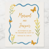 Wildflower Butterfly Wavy Hand getekend Chic Weddi Wijn Etiket (Enkel label)