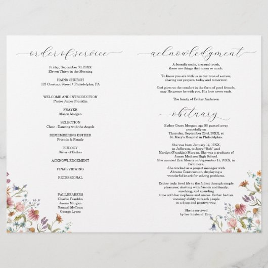 Wildflower Celebration of Life begrafenisprogramma Flyer (Achterkant)