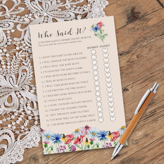 Wildflower Charm die zei dat het douchespel (Who Said It? Mommy or Daddy Baby Shower game from Wildflower Charm collection by Darling & May)