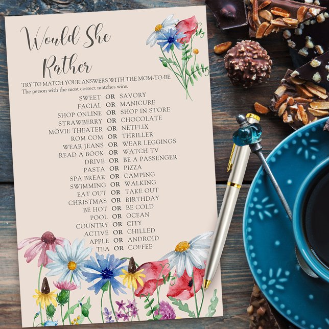 Wildflower Charm Would She Rather Douche Spel (Would She Rather Bridal Shower Game from my Wildflower Charm collection)