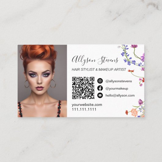 Wildflower chique haar make-up foto initiaal qr co visitekaartje (Achterkant)