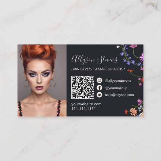 Wildflower chique haar make-up foto initiaal qr co visitekaartje (Achterkant)