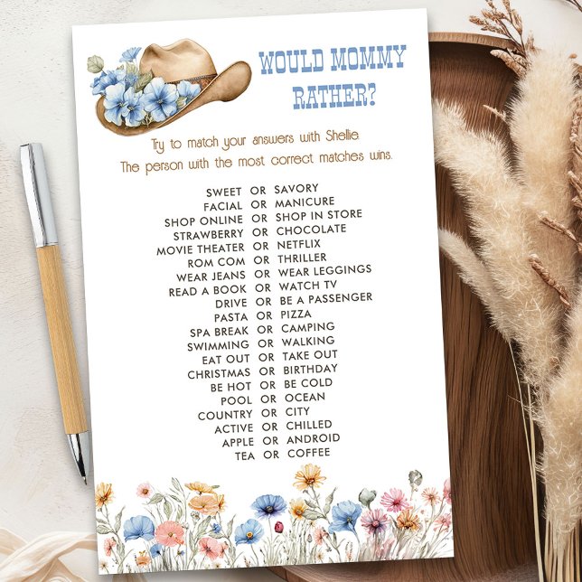 Wildflower cowboy zou mama liever douchen spel (Would mommy rather game from the Boho Elephant Baby Shower Collection by Darling & May)