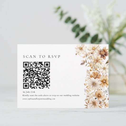 Wildflower Cream Boho Floral Wedding QR-code RSVP Kaartje (Staand voorkant)