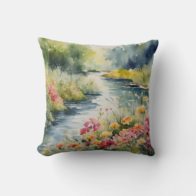 Wildflower Creek Mountains Waterschap Waterverf Kussen (Voorkant)