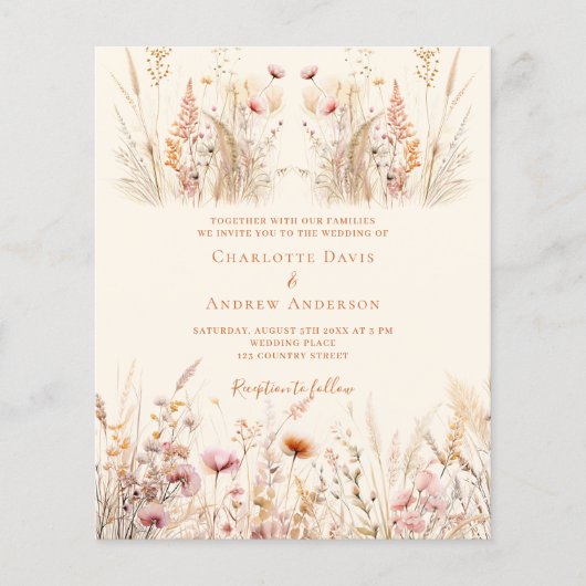 Wildflower crème boho budget bruiloft uitnodiging (Voorkant)