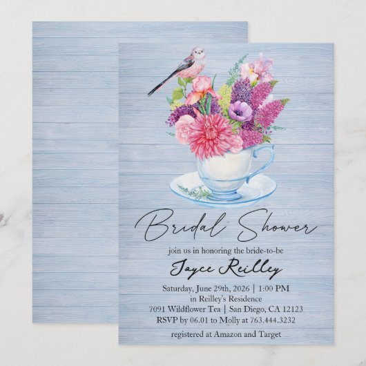 Wildflower Cup Stoffig Blauw Hout Bruidsdouche Kaart (Voorkant / Achterkant)