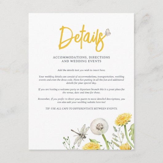 Wildflower Dandelion Garden Wedding Details Informatiekaartje (Voorkant)