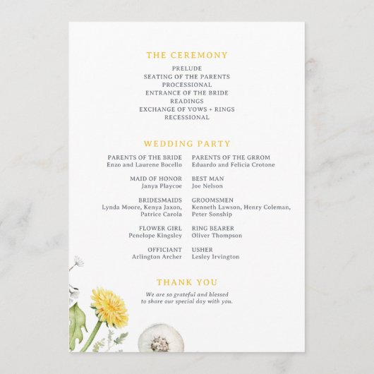 Wildflower Dandelion Garden Wedding Programmakaart (Achterkant)