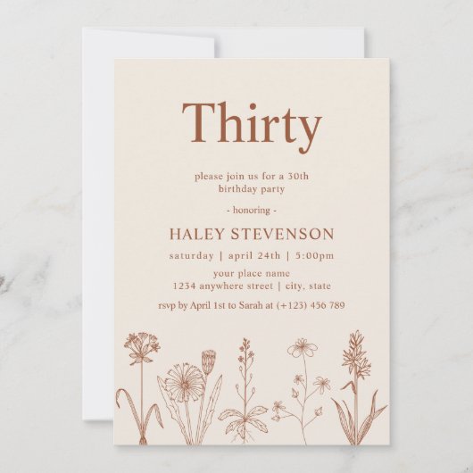 Wildflower Dertig Beige Terracotta 30e Verjaardag Kaart (Voorkant)