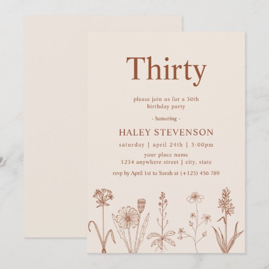 Wildflower Dertig Beige Terracotta 30e Verjaardag Kaart (Voorkant / Achterkant)