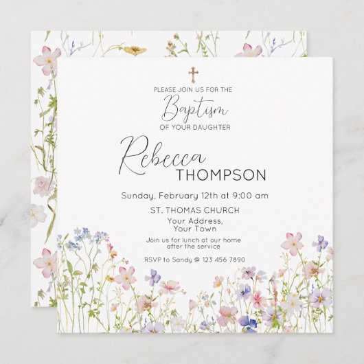 Wildflower doop meisje uitnodiging (Voorkant / Achterkant)