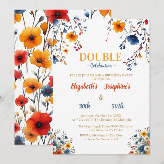 Wildflower dubbele gezamenlijke verjaardag viering kaart (Voorkant / Achterkant)