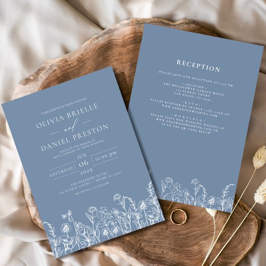 Wildflower Dusty Blue All in One Botanical Wedding Kaart