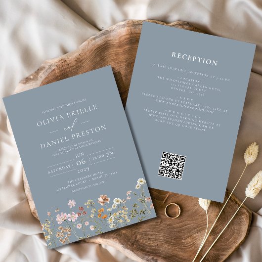 Wildflower Dusty Blue All in One QR Code Wedding Kaart