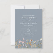 Wildflower Dusty Blue All in One QR Code Wedding Kaart (Voorkant)