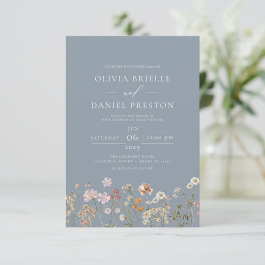 Wildflower Dusty Blue All in One QR Code Wedding Kaart (Staand voorkant)