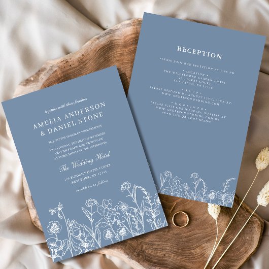 Wildflower Dusty Blue Botanical All in One Wedding Kaart