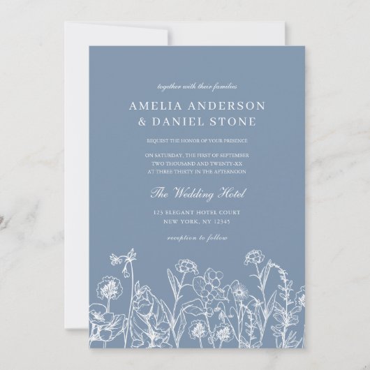 Wildflower Dusty Blue Botanical All in One Wedding Kaart (Voorkant)