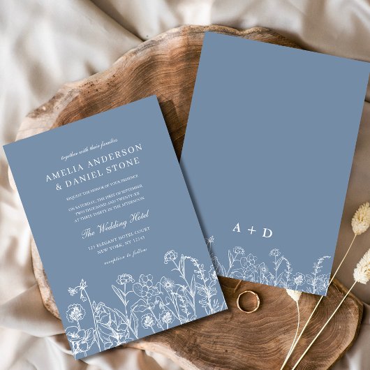 Wildflower Dusty Blue Botanical Monogram Wedding Kaart