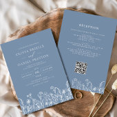 Wildflower Dusty Blue Botanical QR Code Wedding Kaart