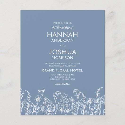 Wildflower Dusty Blue Botanical Wedding Invitation (Voorkant)