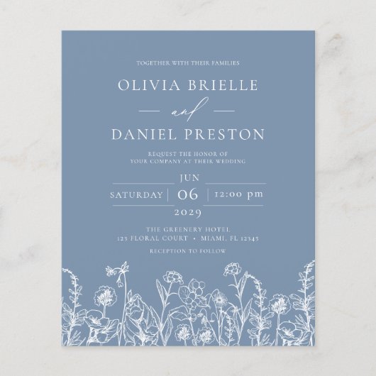 Wildflower Dusty Blue Botanical Wedding Invitation (Voorkant)