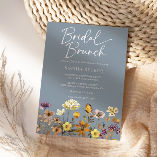 Wildflower Dusty Blue Floral Garden Bruids Brunch Kaart