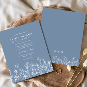 Wildflower Dusty Blue Monogram Huwelijksuitnodigin Flyer