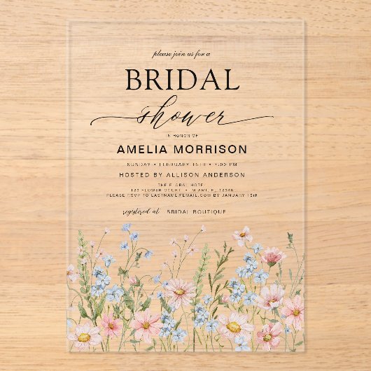 Wildflower Dusty Blue Pink Garden Vrijgezellenfees Acryl Uitnodigingen (Voorkant)