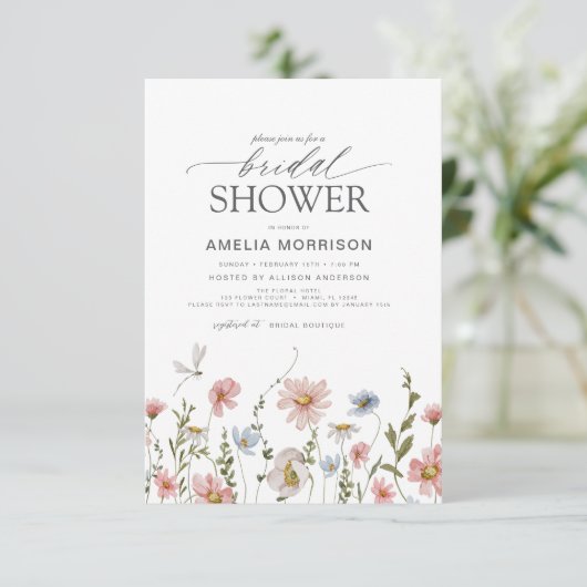 Wildflower Dusty Blue Pink Garden Vrijgezellenfees Kaart (Staand voorkant)