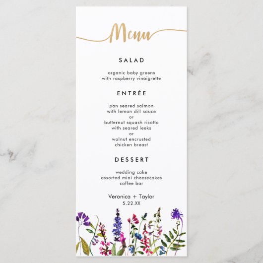 Wildflower Eenvoudig 3 gangen bruiloft menu (Voorkant)