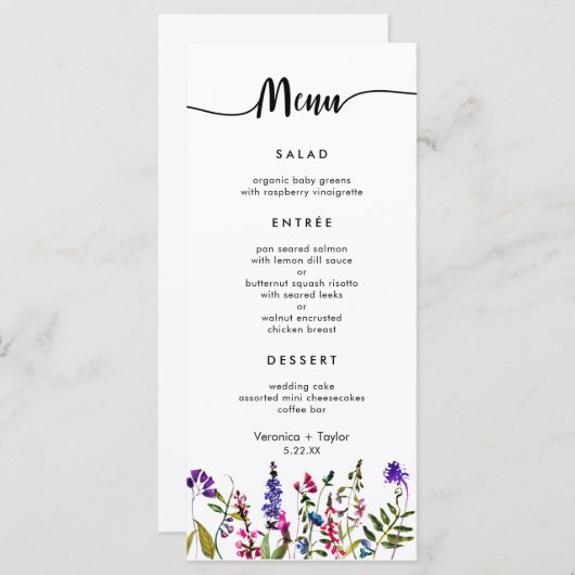 Wildflower Eenvoudig 3 gangen bruiloft menu (Voorkant / Achterkant)