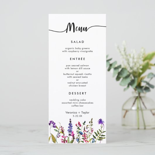 Wildflower Eenvoudig 3 gangen bruiloft menu (Staand voorkant)