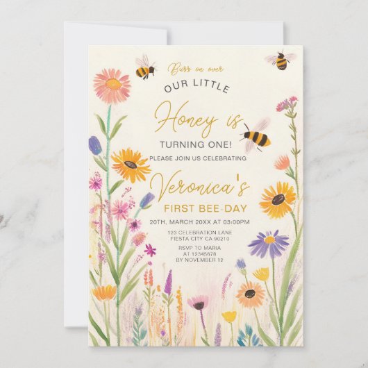 Wildflower eerste bijendag verjaardagsfeest kaart (Voorkant)