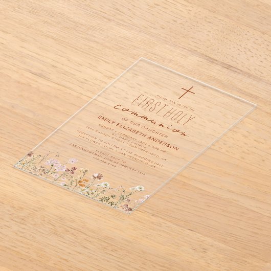 Wildflower eerste heilige communie in bloei acryl uitnodigingen (Laagn)